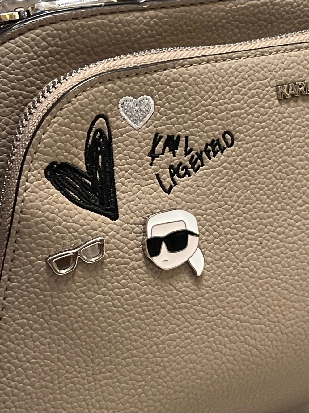 Karl Lagerfeld taupe satchel with playful decals